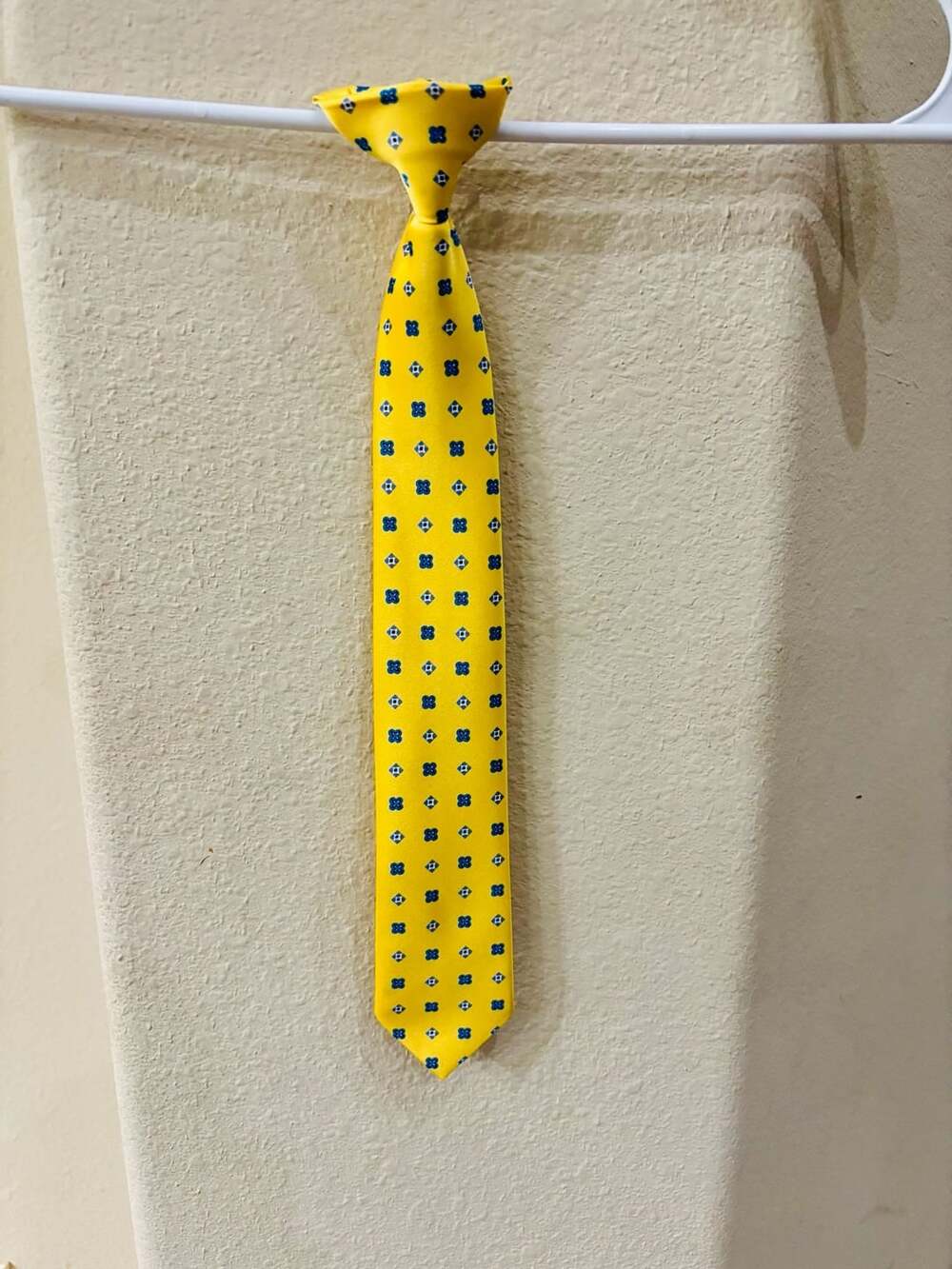 Yellow Blue Geometric Pattern Clip-On Necktie